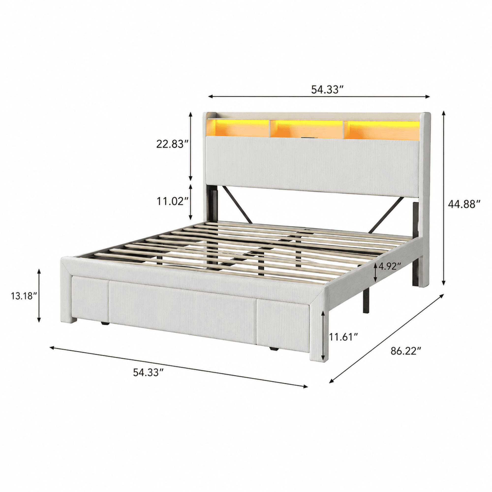 Leumius Full Size Bed Frame,Upholstered Platform Bed Frame with LED & Charging Station,Drawers and Storage Headboard,Noise-Free, No Box Spring Needed,Beige(Full)