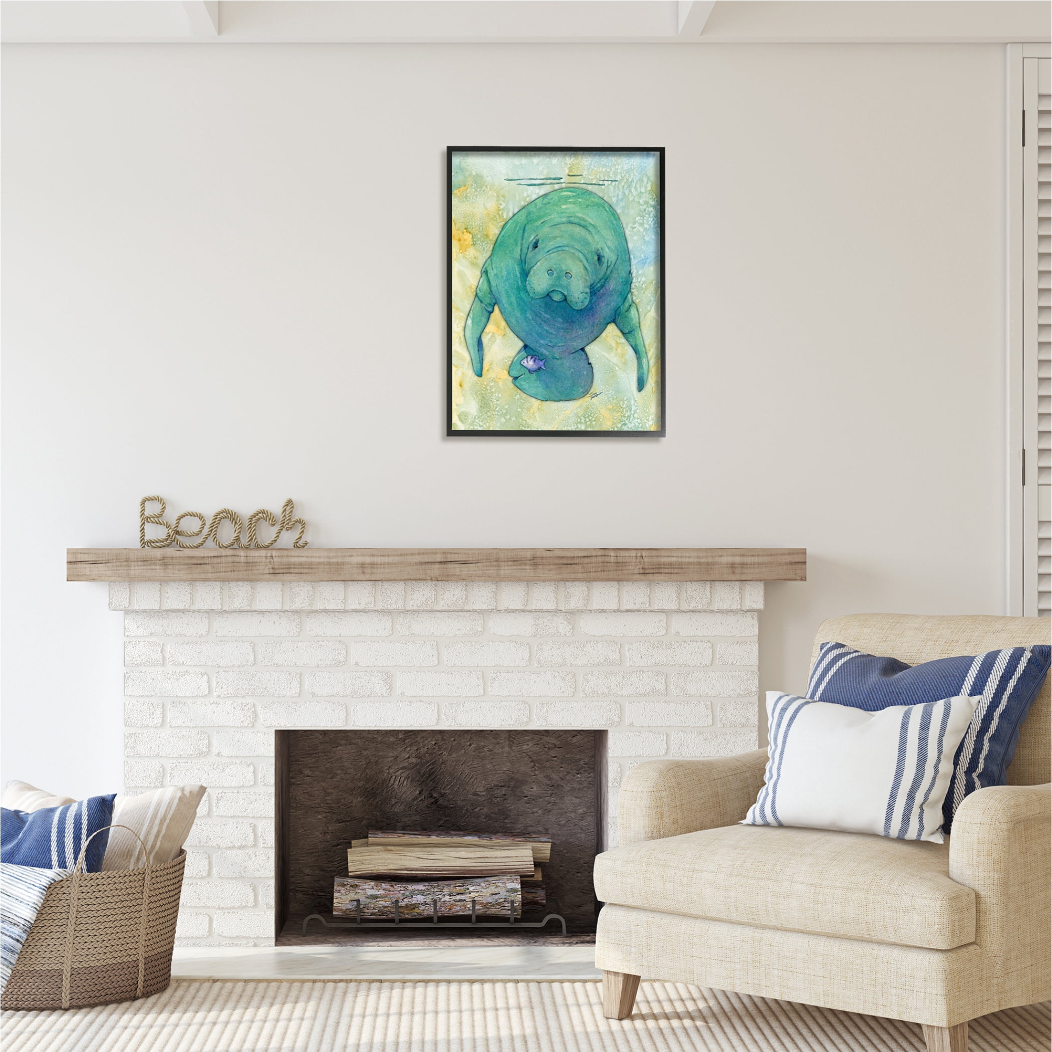 Stupell Industries Green Manatee Underwater Animals & Insects Painting Black Framed Art Print Wall Art, 24 x 30