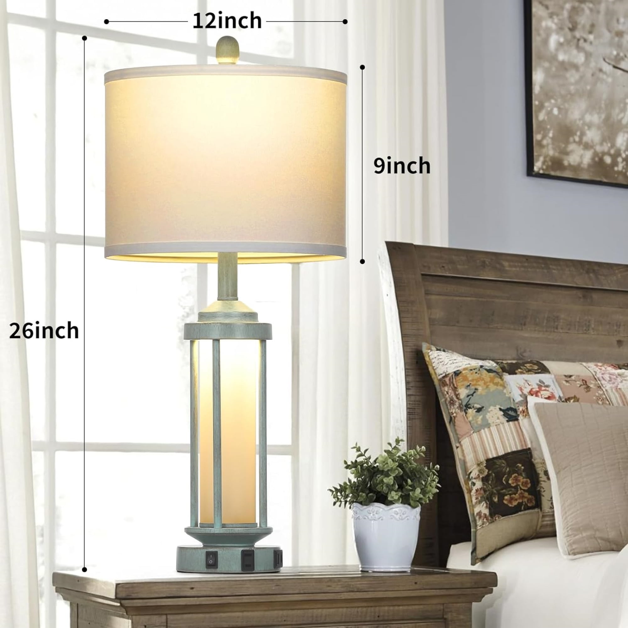 Cinkeda Industrial Table Lamps Set of 2 for Living Room Bedroom Coastal Blue Bedside Nightstand Lamp with USB A+C Ports AC Outlet Glass Nightlight
