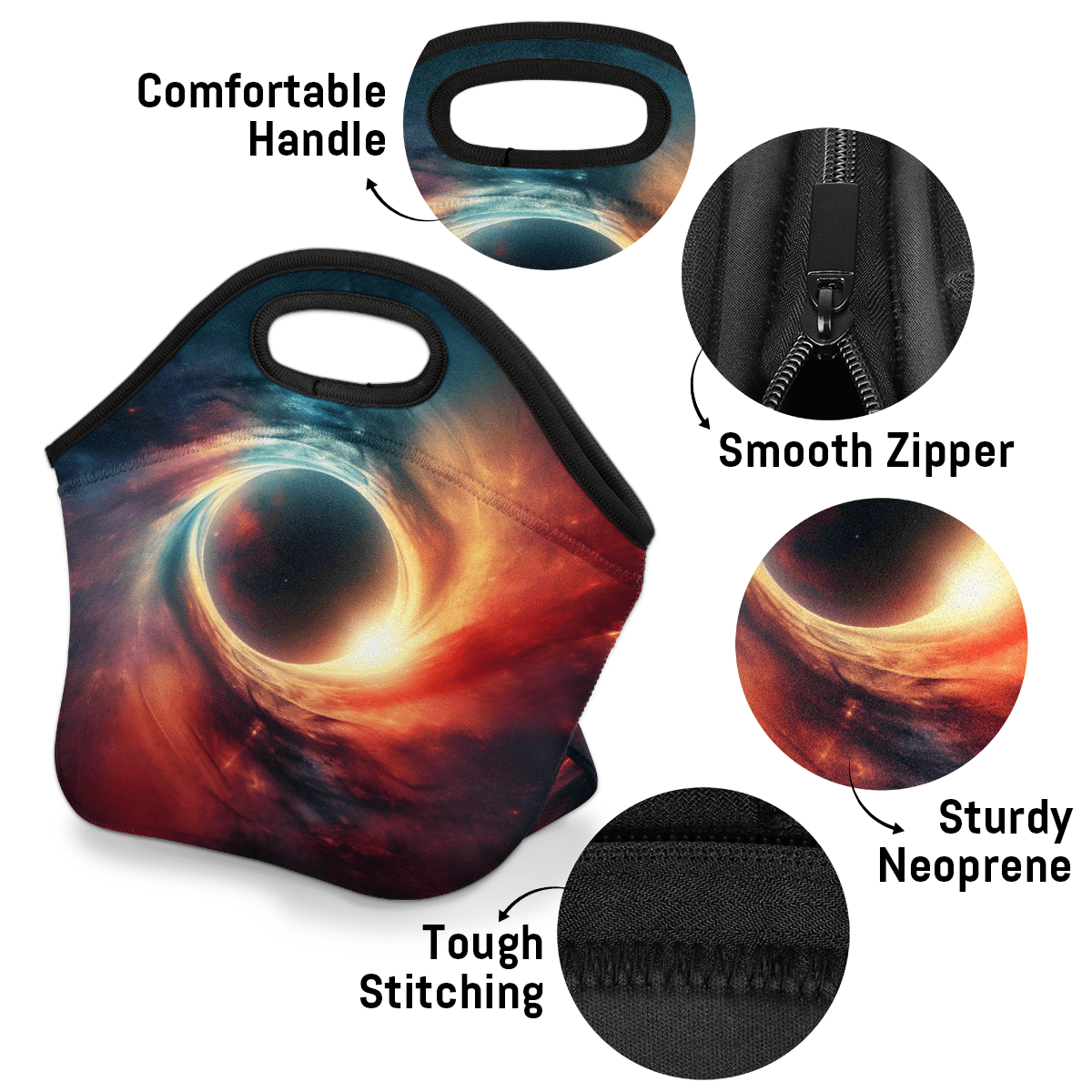Herdesigns Galaxy Neoprene Lunch Bag, Planets Universe Space Insulated Lunch Box for Women Men Washable Lunch Tote Soft Lunch Container With Zipper for Work Picnic Travel