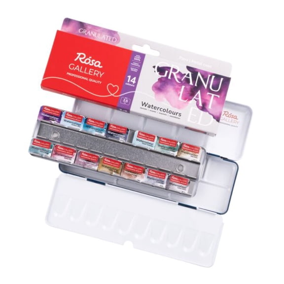 Rosa Gallery Granulated Watercolor Paint Set, 14 Colors 2.5ml Half Pans Professional Watercolours in Metal Case for Artists