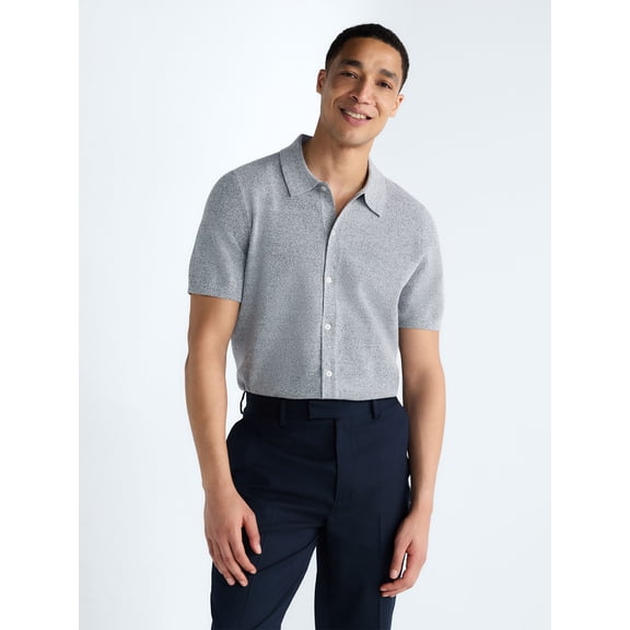 Free Assembly Men's Button Front Marled Sweater with Short Sleeves, Sizes S-3XL