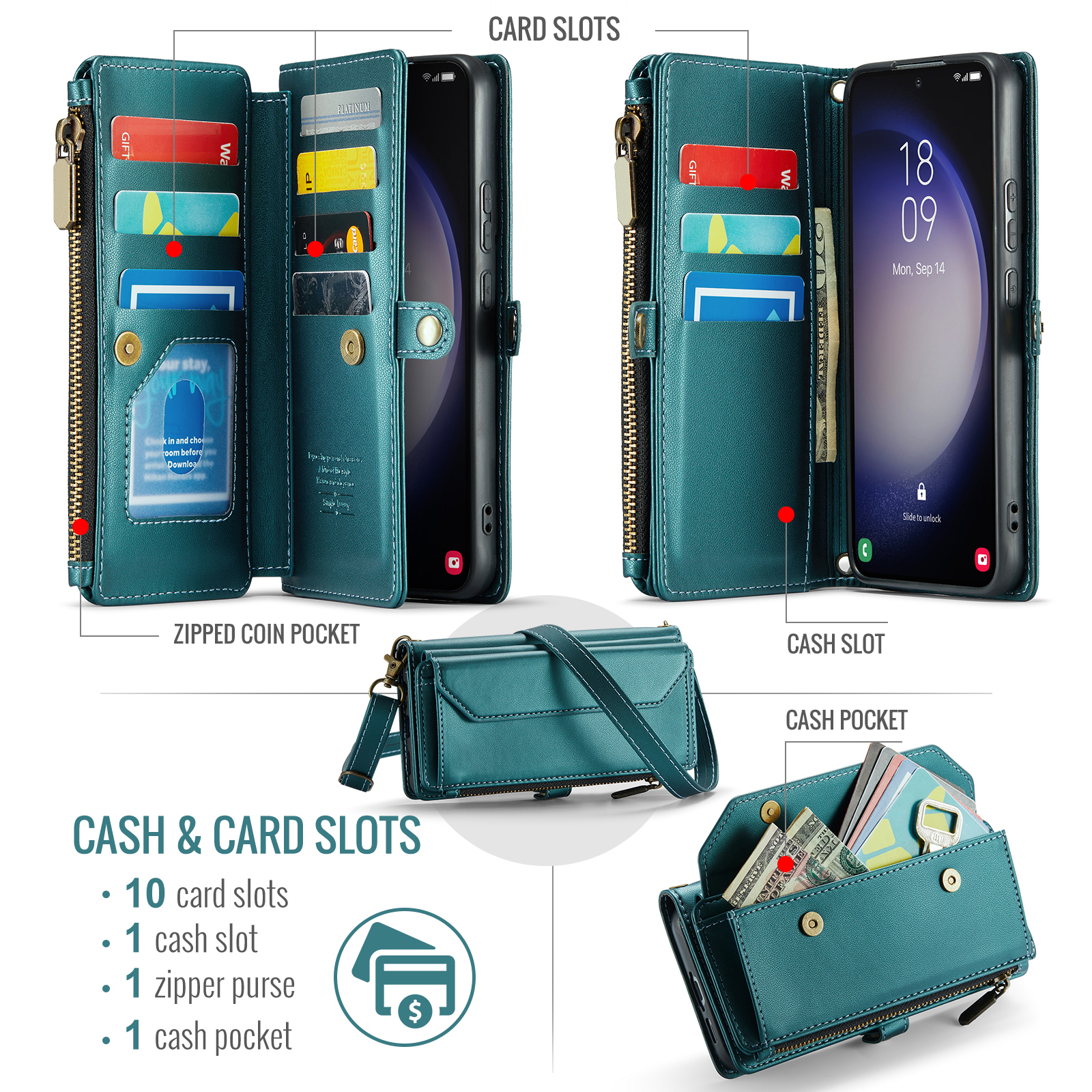 Compatible with Samsung Galaxy S23 Plus S23+ 5G Zipper Wallet Phone Case Tempered Glass Screen Protector Crossbody Lanyard Strap Flip Card Holder Slot Cell Cover for S23plus 23S S 23 23+ Women Green