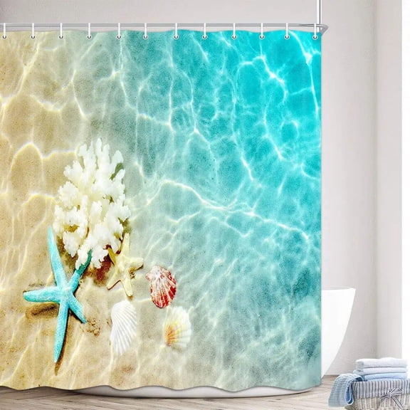 StarBeach Shower Curtains 3D Seashell Ocean Theme Waterproof Polyester Fabric Bathroom Decor with Bathtub Curtains