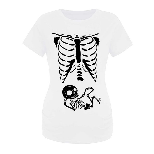 Hauts de Maternité d'Halloween pour Femmes, T-Shirt de Grossesse Amusant à Imprimé Squelette, Coupe Confortable Extensible, Blouse Décontractée Froncée sur le Côté pour Mamans