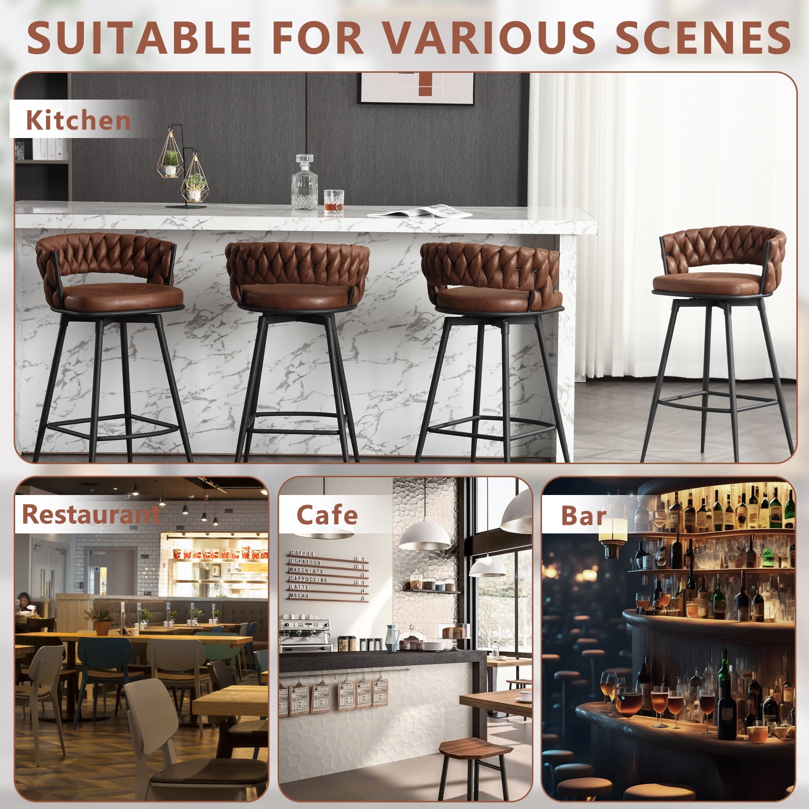 Bar Stools Set of 2, Counter Height Barstools with Woven Back and Footrest, 26" Modern Upholstered Kitchen Island Chairs for Kitchen Island, Cafe, Pub, Bar Counter, Brown