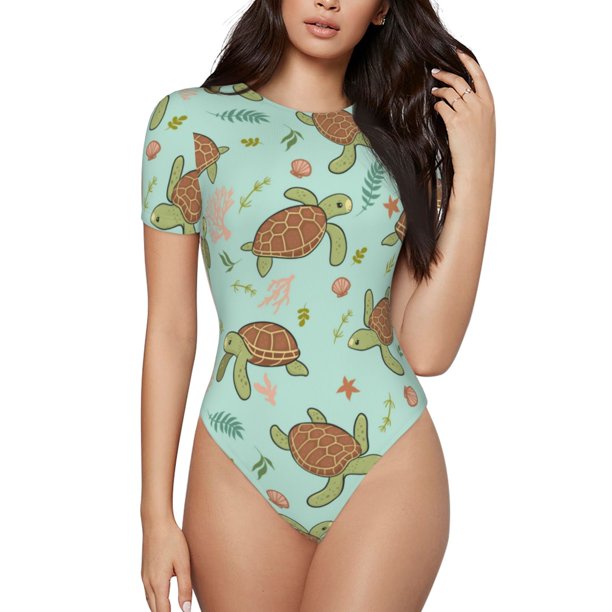 Fotbe Cute Sea Turtles Body de Mujer con Cuello Redondo y Mangas Cortas, Sin Mangas Ajustado, Suave, Cómodo y Básico-X-Large
