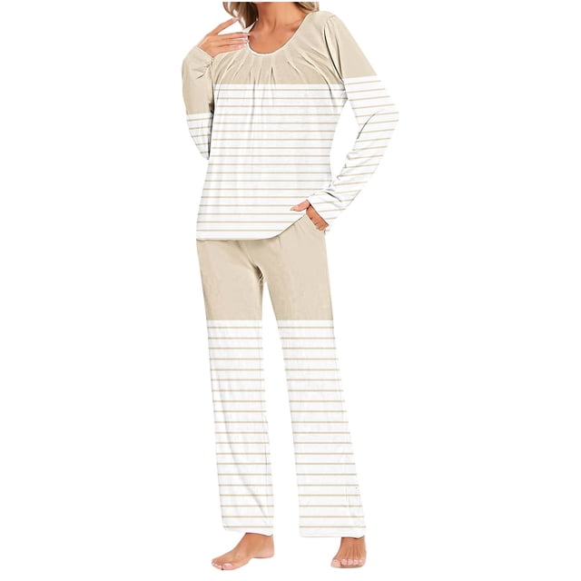 Yuyuzo Ensembles de Pyjama pour Femmes 2 Pcs T-Shirts à Rayures à Manches Longues à Col Ras du Cou Pantalons de Détente avec Poches