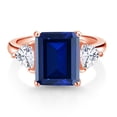 thumbnail image 2 of Gem Stone King 18K Rose Gold Plated Silver Blue Simulated Sapphire and White Moissanite 3 Stone Ring for Women (7.64 Cttw, Octagon 12X10MM, Trillion 5X5MM, September Birthstone, Size 8), 2 of 3