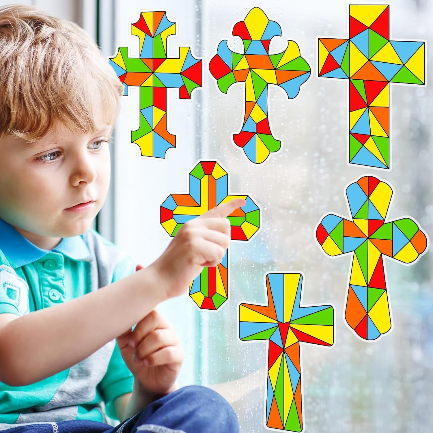 Hltser 30 Pack Easter Cross Window Suncatchers Crafts Kit for Kids Christian Religious DIY Coloring Crafts Window Clings Stickers Kit Sunday School Bible decor with 10 Markers for Home Cl