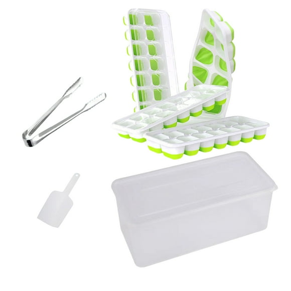 Bandeja para cubitos de hielo con tapa y recipiente, paquete de 4 bandejas de cubitos de hielo de plástico de silicona para congelador con hielera, bandeja de hielo apilable con kits de cubos de