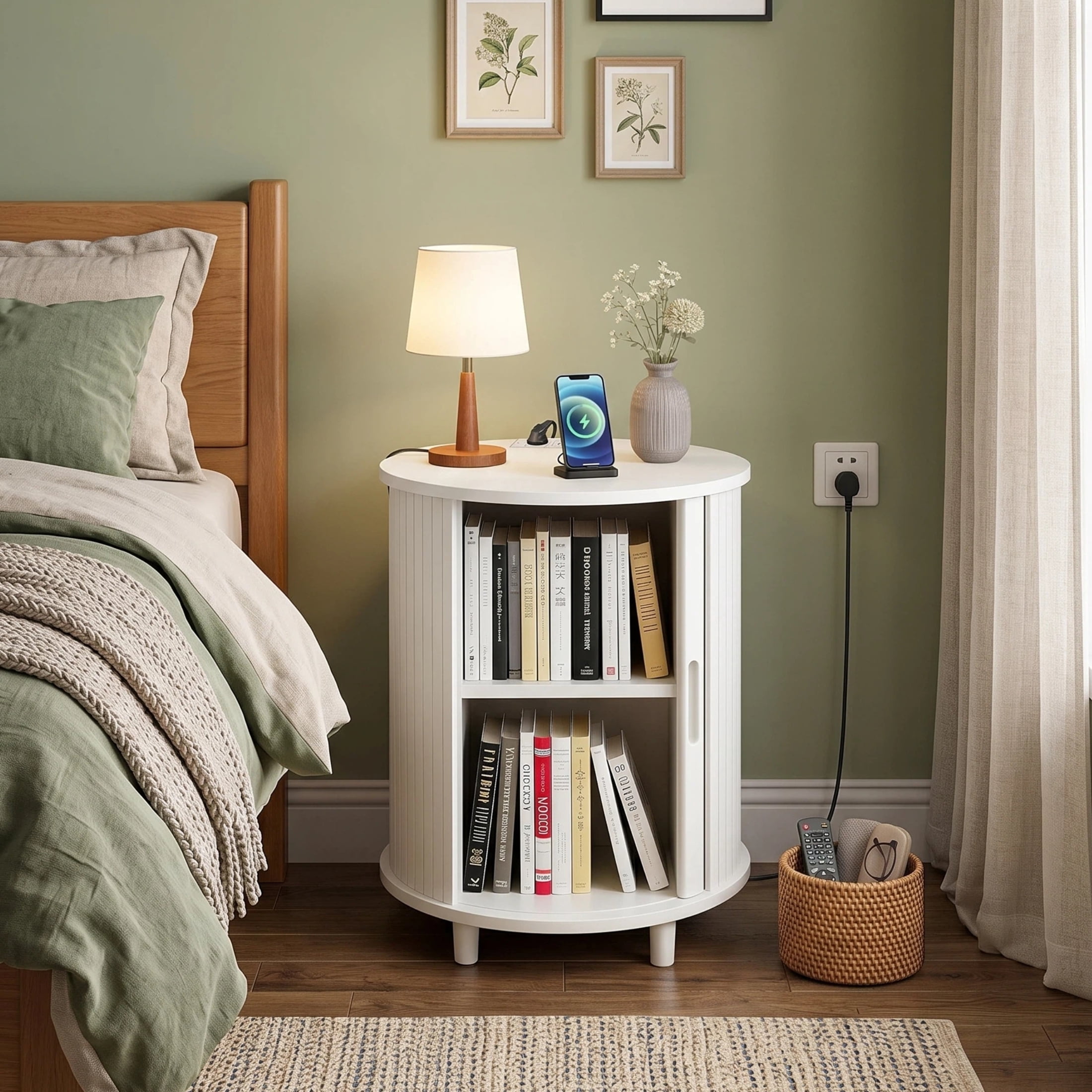 AISWORD Round End Table with Charging Station, Fluted Accent Side Table with Sliding Door and Adjustable Shelf, Nightstand for Small Space, White