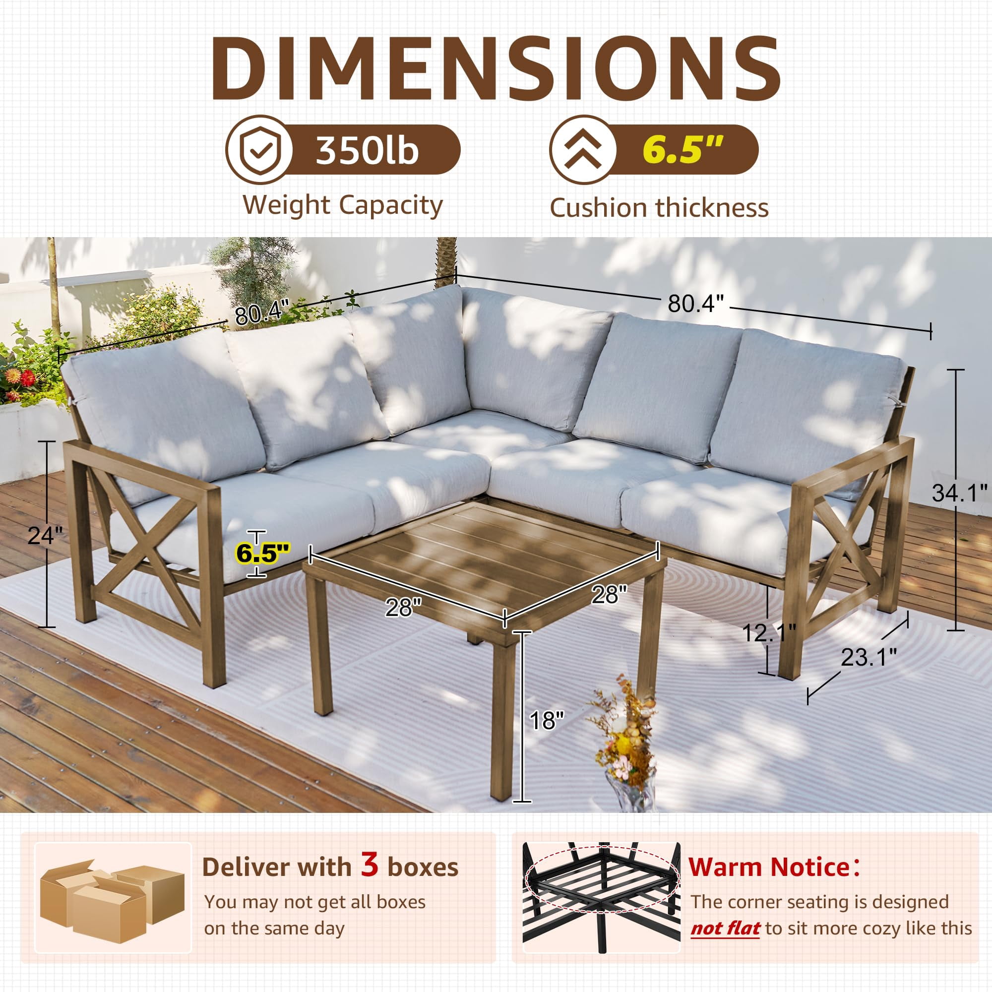 NATURAL EXPRESSIONS 6 Pieces Patio Furniture Sets,Sunbrella Outdoor Furniture Sets Patio L Shape Sectional Couch Sofa Patio Conversation Sets with 6.5" Grey Cushions