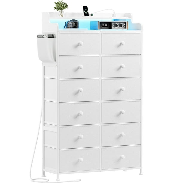 Comoda Cajonera para Recamara - 12 Cajones De Tela con Parte Superior Madera y Marco De Acero Plegable - Cómoda Alta Ideal Mueble Organizador con cajonera- Luz LED - Estación de Carga.