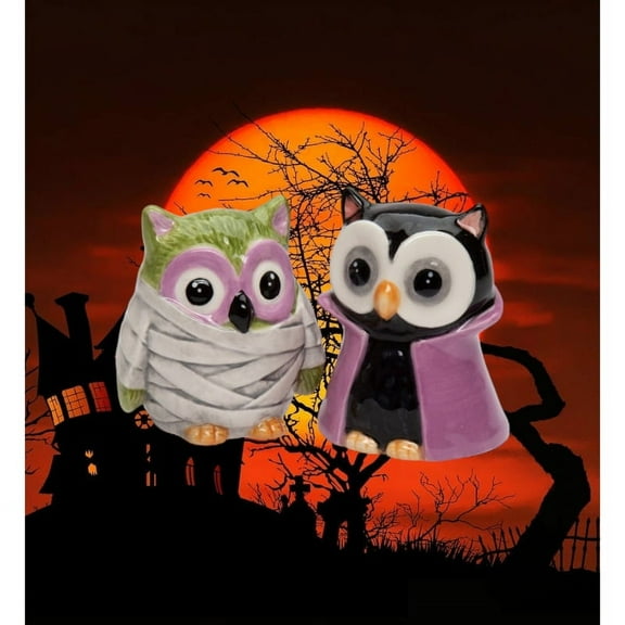 Ceramic Owl Dracula Mummy Salt and Pepper Shakers Fall Gift