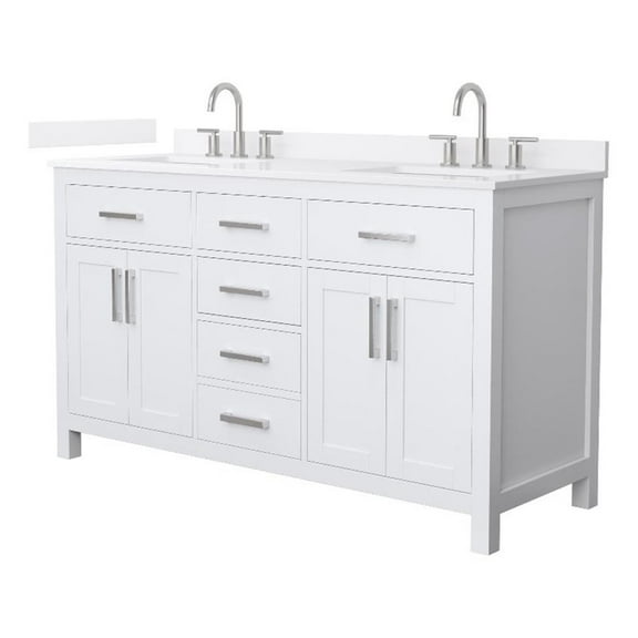 Beckett 60" White Double Vanity & White Quartz Top (3-Hole) & Nickel Trim