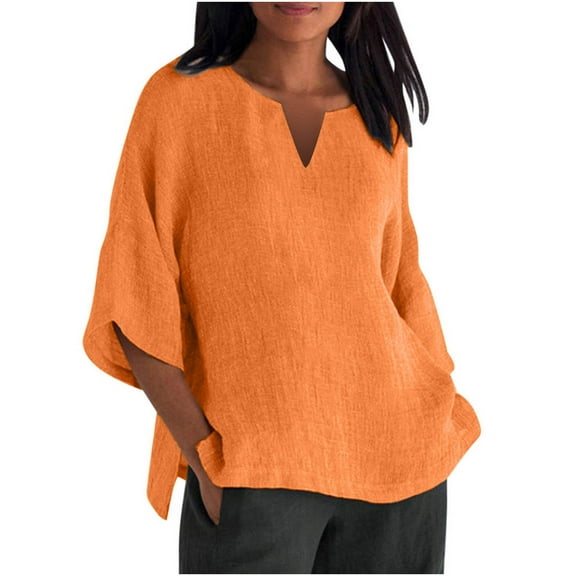 XFLWAM Cotton Linen Tops for Women Oversized Half Sleeve V Neck Blouses Summer Basic Solid Color Tunic Tops Linen Shirts Orange S
