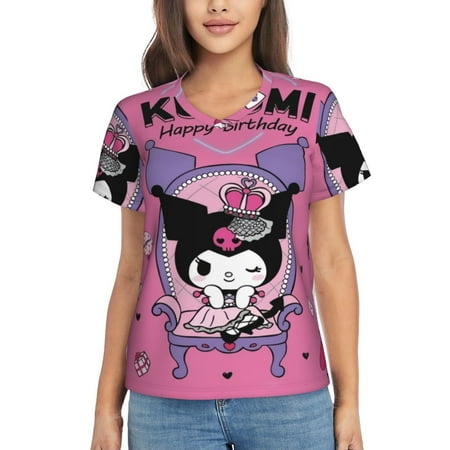 

Kuromi Women S Classic-Fit Cotton Short-Sleeve V Neck T-Shirt，Tunic Blouse Top Ladies Casual Loose Top