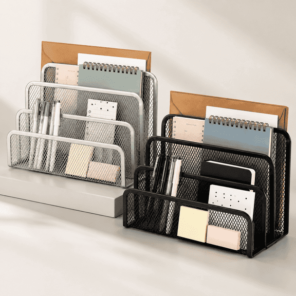 FamilyFound Metal Mesh 3-Compartment Desktop Mail Organizer, Black & Silver, 2 Count