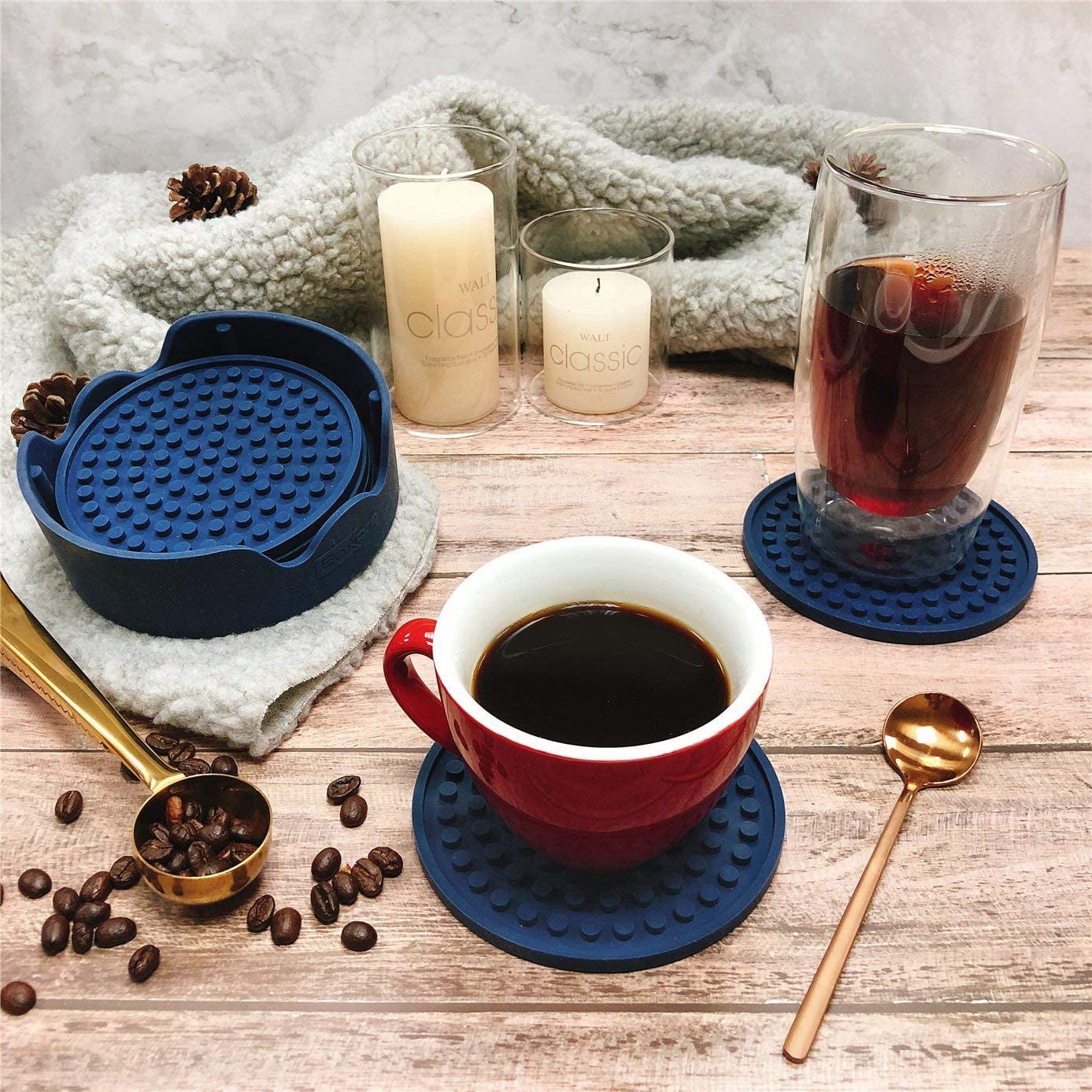 6 Pack Navy Coasters in Holder Plus 6 Absorbent Sugar Skull Cup Mats with Cork Backing Blue Coaster Set & Ceramic Coasters Bundle
