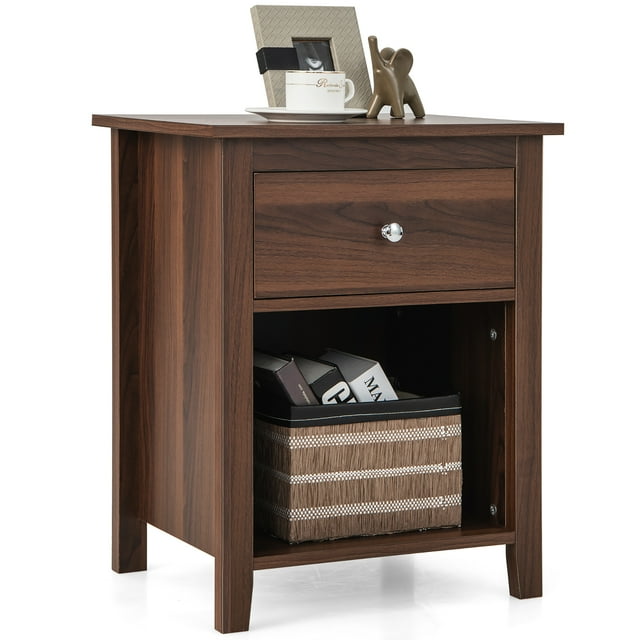 Costway Nightstand Bedside Table with Drawer & Open Shelf for Living Room Bedroom Walnut