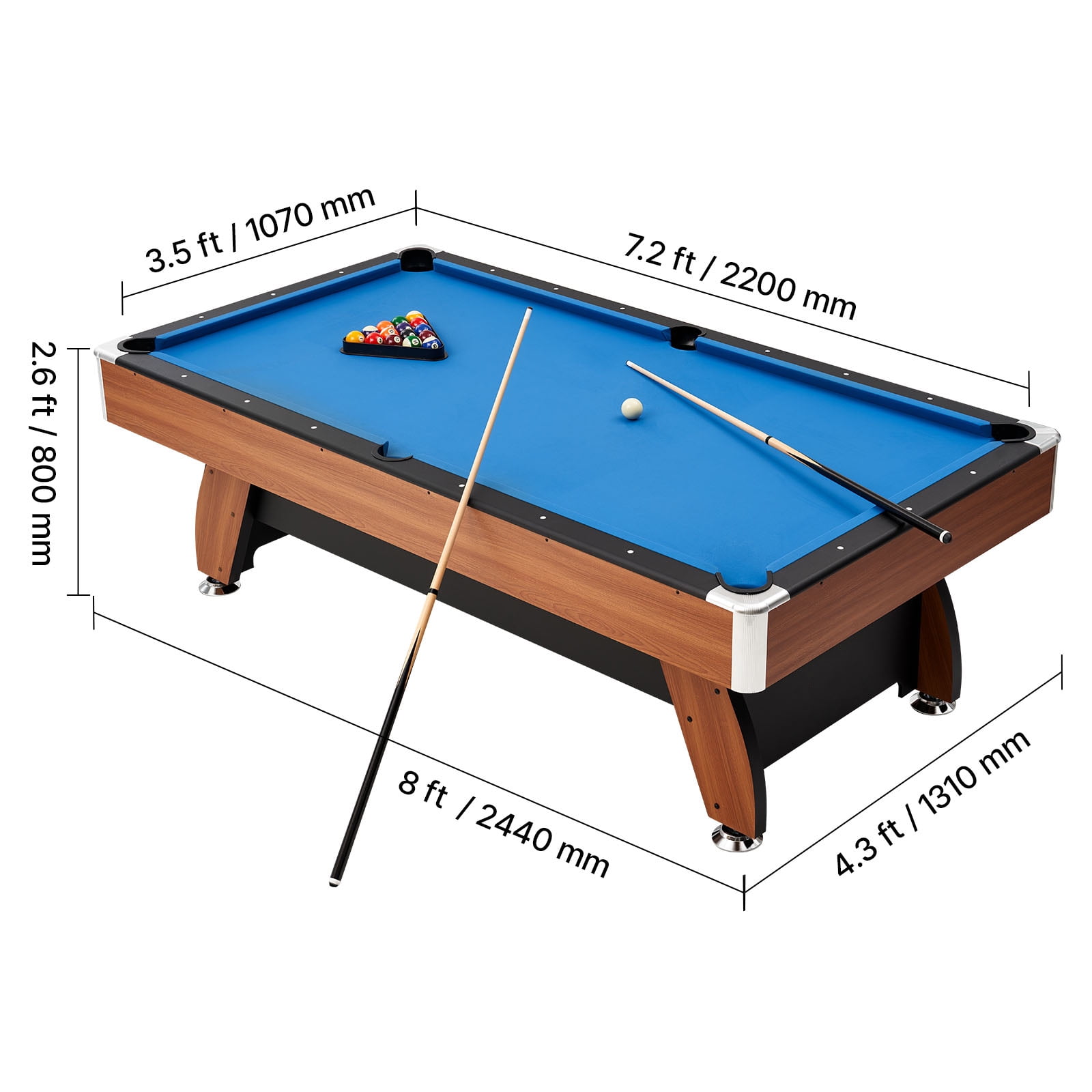 KFFKFF 8 ft Portable Billiards Table with Wood Finish, Adjustable Feet, Includes Balls, Cues, Rack, Chalks, Brush, and Blue Cloth, Ideal for Family Fun and Recreation Rooms