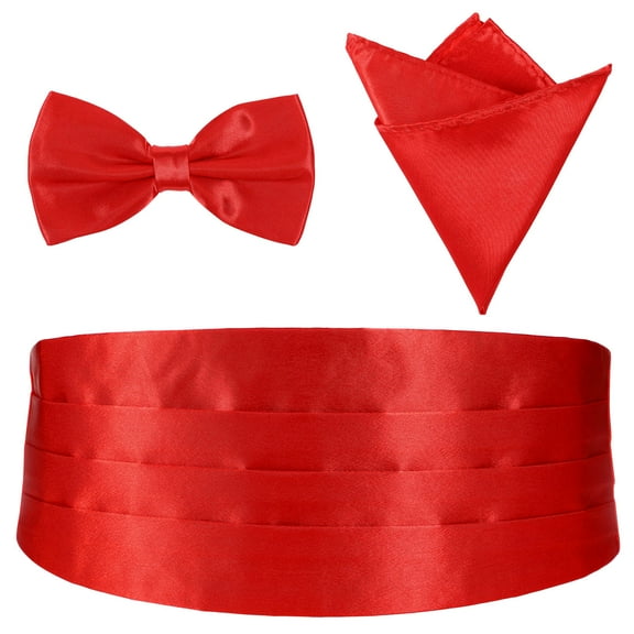 QIFULL Satin Cummerbund Bow Tie Set Red 3Pcs 12x6in