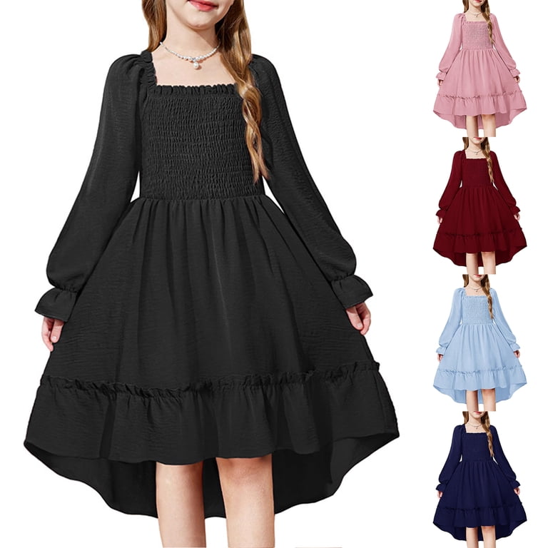 cute basic dresses Abcomgle Long Sleeve Dress girls 10-12 High Low Smocked Puff Sleeve Girls Midi Square Neck Sundresses Tiered Dresses.11-12 Years The solid colors are 1990s Floral Rayon Long Color:Photo color fancy maxi dresses Korean cute
