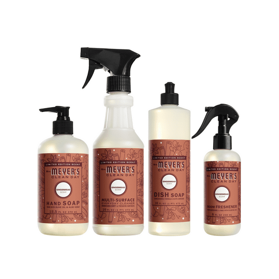 Mrs. Meyer’s Clean Day Gingerbread 4 Pack Variety, Liquid Hand Soap 12.5 fl oz, Dish Soap 16 fl oz, Multi-Surface Cleaner 16 fl oz, Room Freshener 8 fl oz, 1 ct