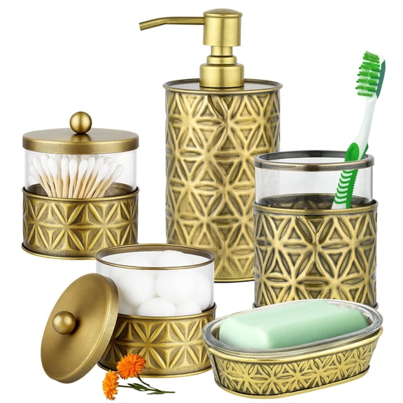 Autumn Alley 5-Piece Vintage Brass Bathroom Accessories Set, Metal & Glass, 304 Stainless Steel Pump, Farmhouse Bathroom Decor