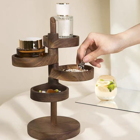 YIMWNYI Rotating Desktop Organizer Solid Wood Multifunctional Storage Box, Jewelry Key Holder Spinning Tray, Countertop Display Stand for Entryway Vanity Tabletop