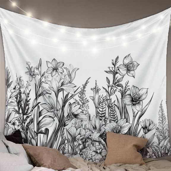 Wildflower Leaf Large Tapestry for Bedroom Wall Hanging Tapestry,Grey Floral Botanical White Watercolor Ceiling Backdrop Tapestries Poster Blanket Wall Decor for Teens Room Living Room 100" x 59"