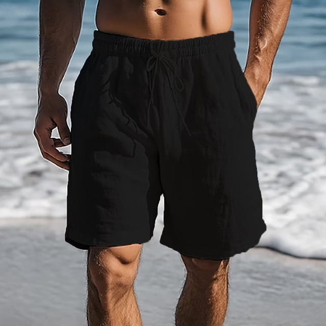 pstuiky Pantalones cortos de gimnasio para hombre, Pantalones cortos casuales de lino sintético con cordón, cintura elástica, color liso, bolsillos y transpirables para hombre