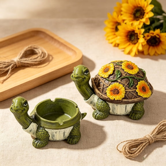 Lidded Turtle Sunflower Ashtray with Detachable Lid, Resin Ash Tray Ornament for Bedroom Office Desk Decor, Functional Smoker Gift and Whimsical Desktop Accent for Housewarming