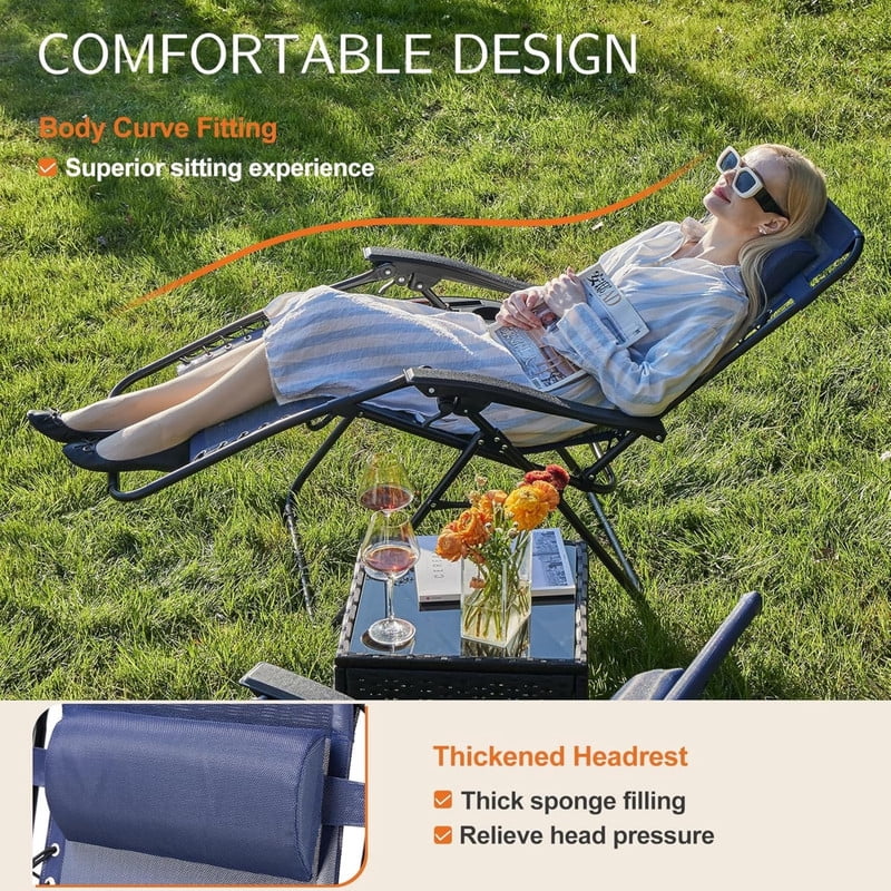 Kelno 2-Pack Zero Gravity Outdoor Lounge Chairs 330lbs Capacity Folding Textilene Recliner with Adjustable Pillow Cup Holder Tray, Blue