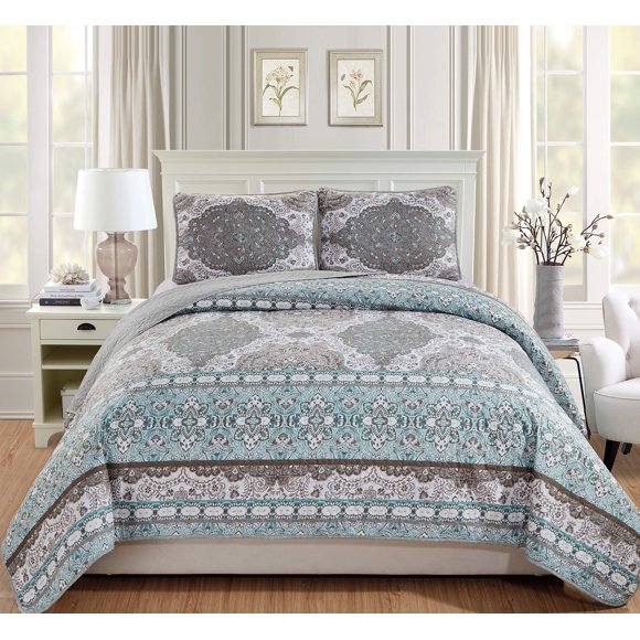 Fancy Linen Juego de colcha acolchada de 3 piezas nuevo (King/California King Brown Teal Floral)