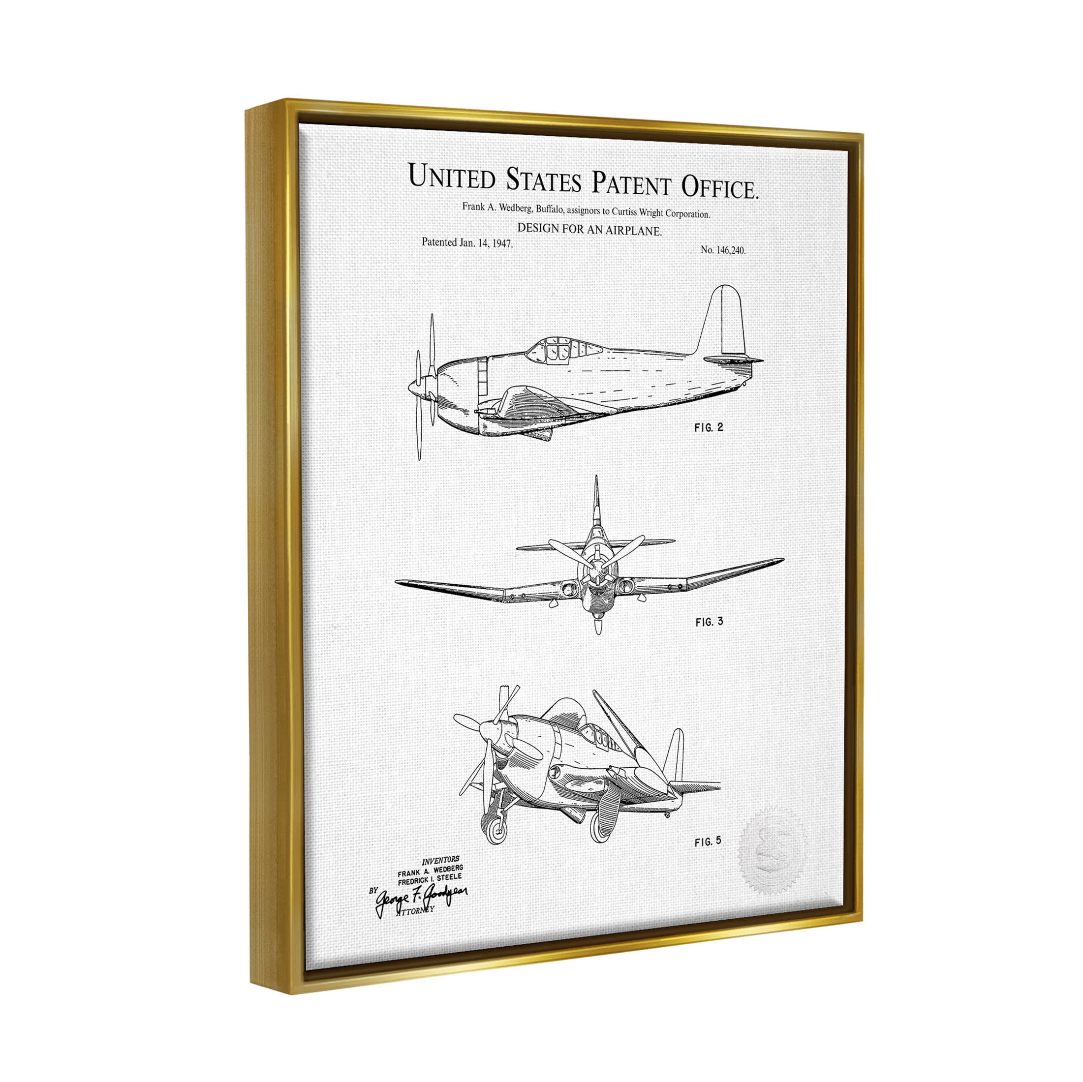 Stupell Industries Intricate Airplane Diagram Graphic Art Metallic Gold Floating Framed Canvas Print Wall Art, Design by Karl Hronek