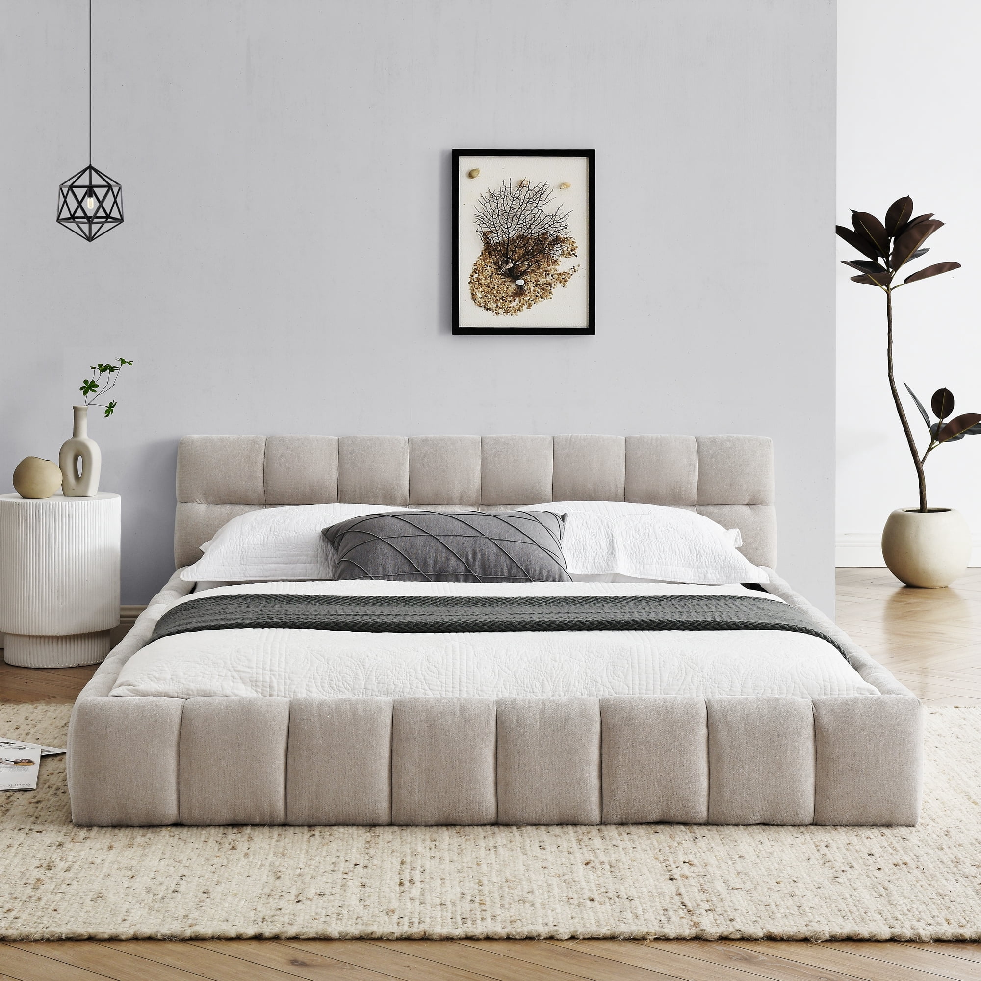 Queen Bed Frame with Thick Fabric, Chenille Fabric Grounded Queen Size Platform Bed with Headboard and Solid Frame, No Box Spring Needed, Upholstered Bed Frame Queen & Soft Bed Frame