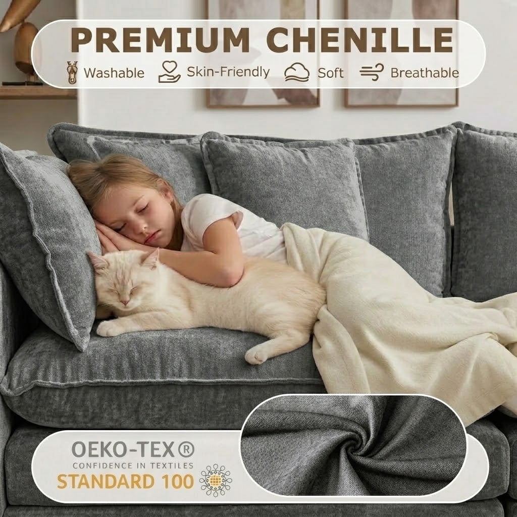 Howcool Cloud Couch Modular Sectional Sofa 4 Seat 148" U Shaped Convertible Couch Chenille Thick Cushion with Ottoman, Removable & Washable Cover for Living Room, Grey