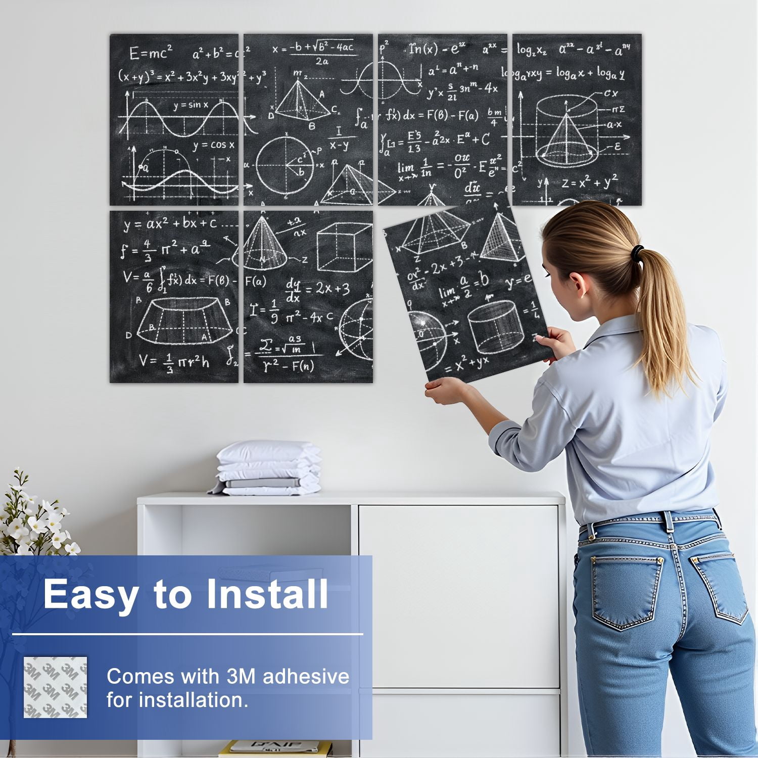 Classroom 8 Pack Art Acoustic Panels Sound Absorbing Mathematical Equations Geometric Diagrams Blackboard Decorative Soundproof Wall Panels Self Adhesive for Nursery Kids Game Room 48"x32"
