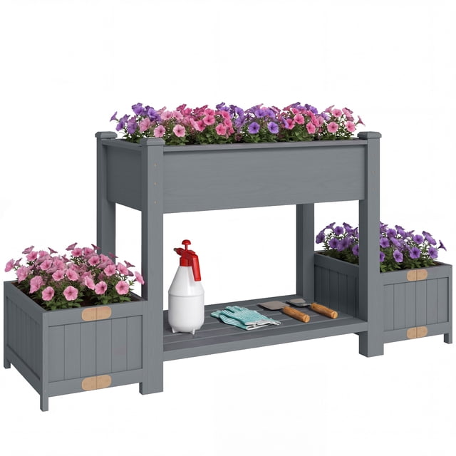 Outsunny Wooden Raised Garden Bed with 2 Foldable Side Pots, Storage Shelf