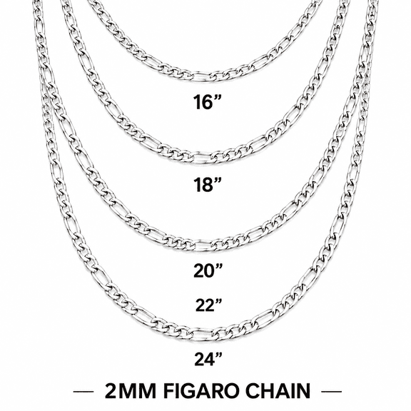 925 Sterling Silver Figaro Chain Necklace 2mm 20" Italy