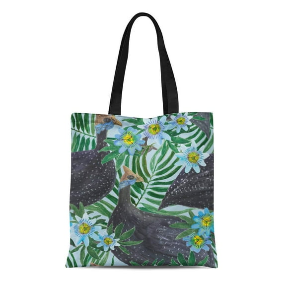 NUDECOR Canvas Bag Resuable Tote Grocery Shopping Bags Watercolor Painting with Guinea Fowl Birds and Blue Passion Flowers Summer Tote Bag