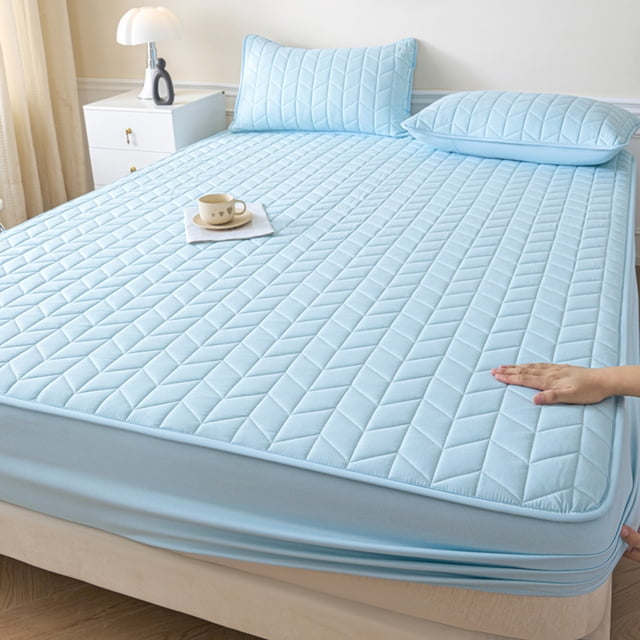 Quilted Waterproof Bed Cover Set - Ice Silk Mattress Protector, Breathable Cooling Topper, Sky Blue, JKODE