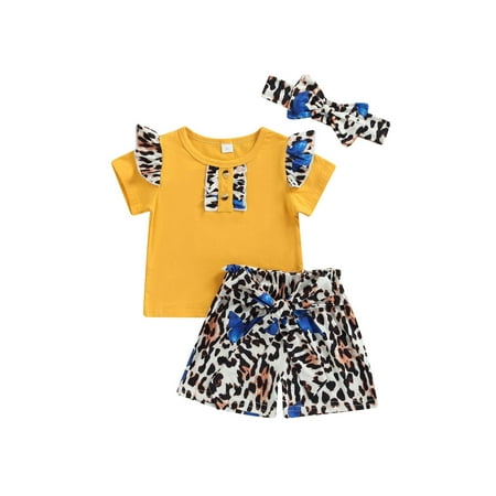 

Frobukio Infant Baby Girls 3Pcs Clothes Outfits Leopard Butterfly Print Short Sleeve T-Shirt +Tie Up Shorts+Headband Yellow 12-18 Months