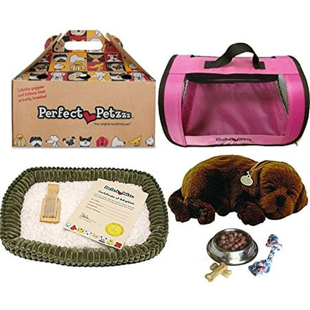 Lab Dog Plate - Perfect Petzzz Chocolate Lab Plush with Pink Tote For Plush Breathing Pet and Dog Food, Treats, and Chew Toy
