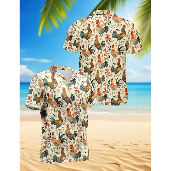 Rooster Pattern Hawaiian Shirt for Men, Vintage Style, Button Down Summer Beach Short Sleeve, S-5XL