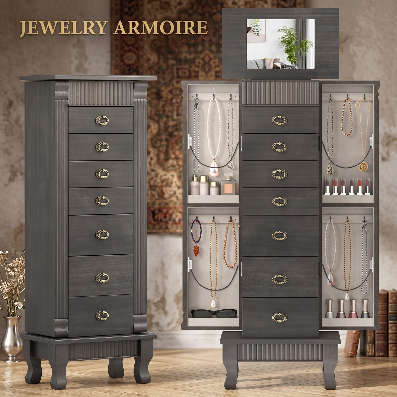 Furnibear Freestanding Wooden Jewelry Armoire Cabinet Storage Chest with 7 Drawers and Swing Doors for Space Saving Bedroom Storage, Gray
