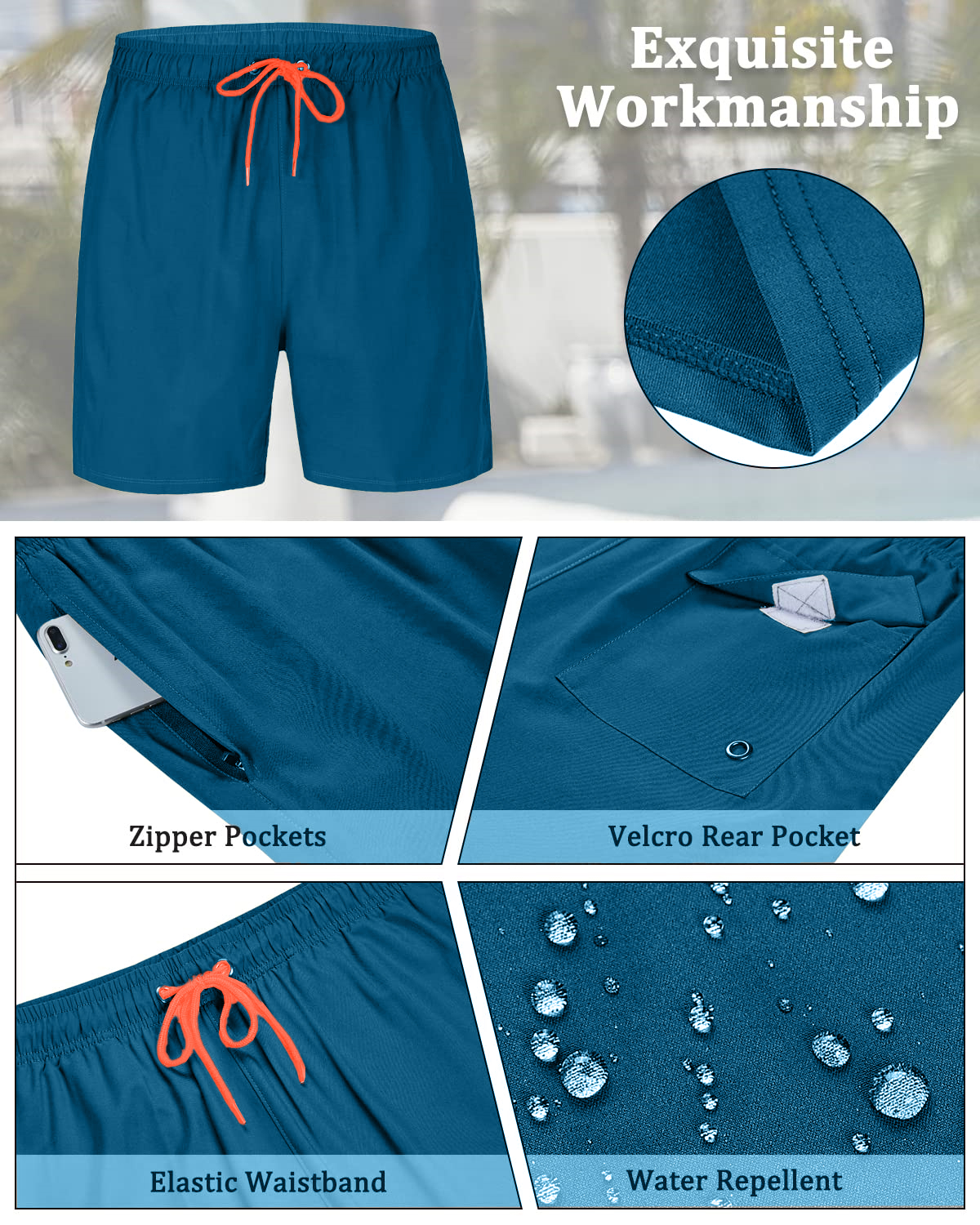 Dakimoe Men's Swim Trunks with Compression Liner, Peacock Blue photo 4