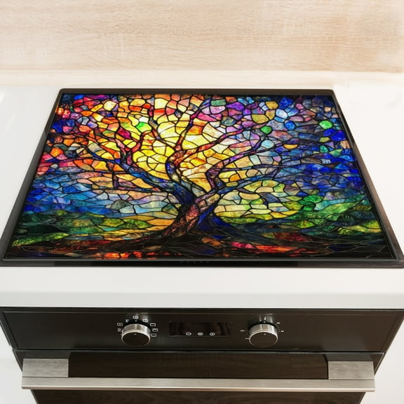 Silicone Stove Mat for Glass Top Stove, Stained Glass Style Colorful Tree Electric Stove Cover Mat, 28 x 20 Inch Heat - Resistant Gas Gtove Burner Covers Glass Stove Top Protector